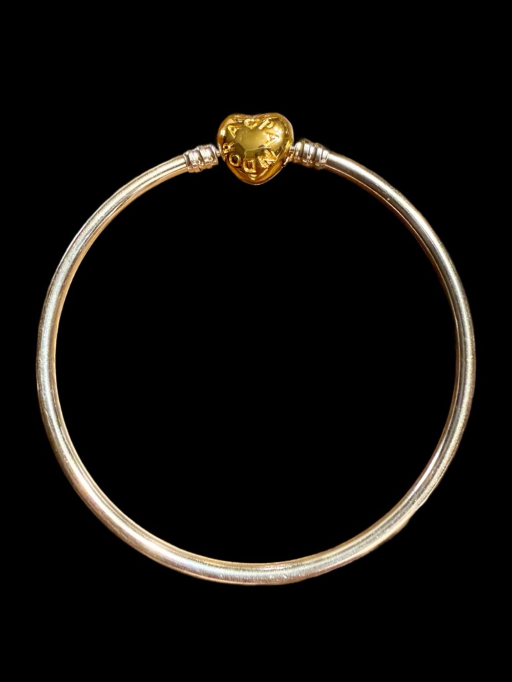 Authentic Pandora Gold Heart Clasp Silver Bangel Bracelet - Size 7.5/19cm - MINT